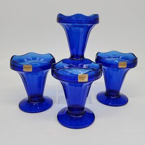Luminarc Cobalt Blue Glass Sherbet Ice Cream Cup Lot 4 Scalloped VTG